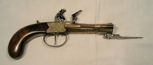 Click to enlarge a good, sharp flintlock blunderbuss pistol with folding bayonet by Brander and Potts, London
